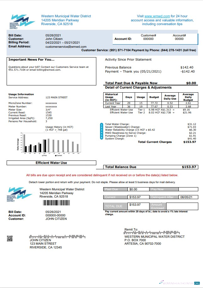 download USA Western Municipal Water District utility bill template in Word and PDF format PDF template